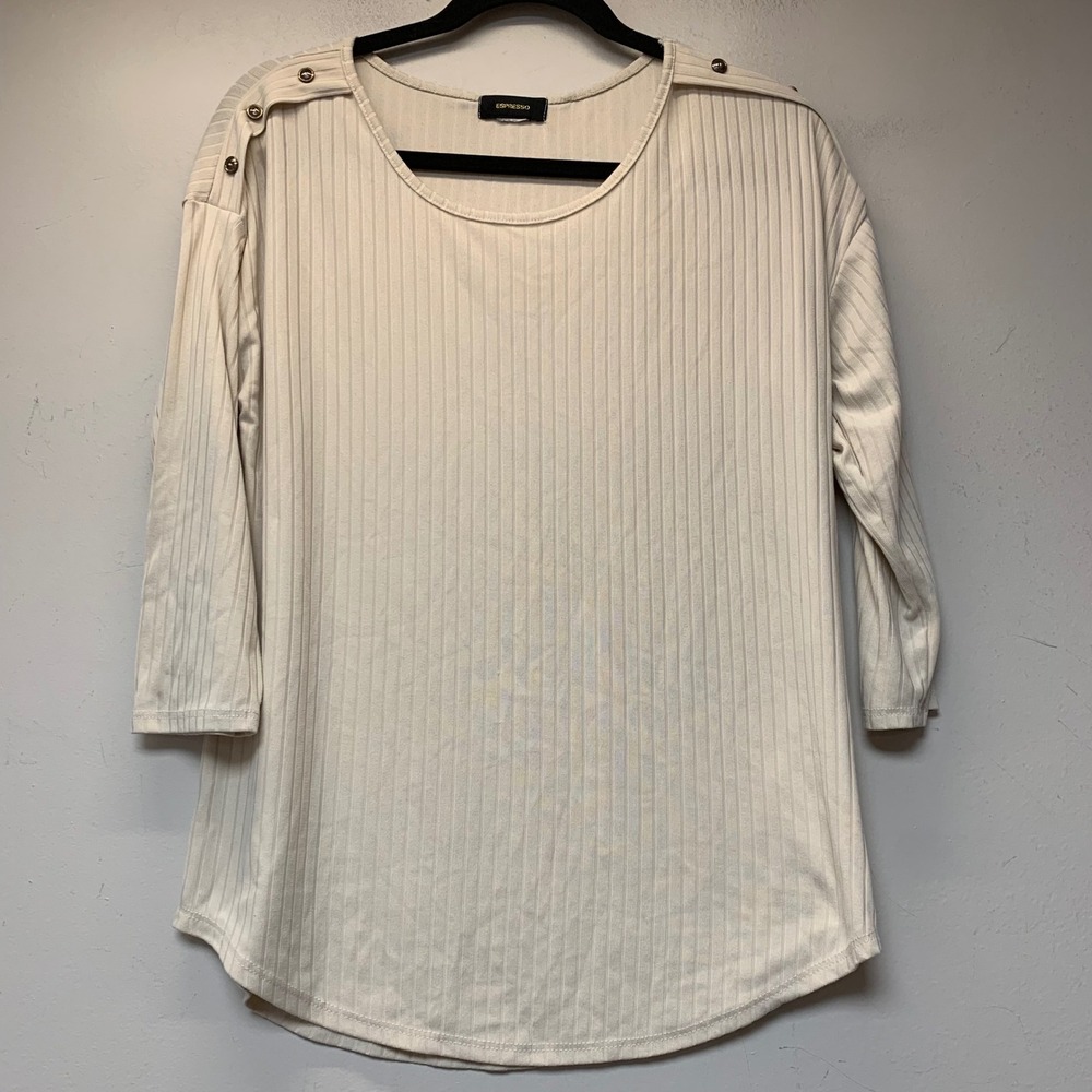 Espresso Ribbed Knit Tunic Women M Cream Button Shoulder 3/4 Sleeve Excellent